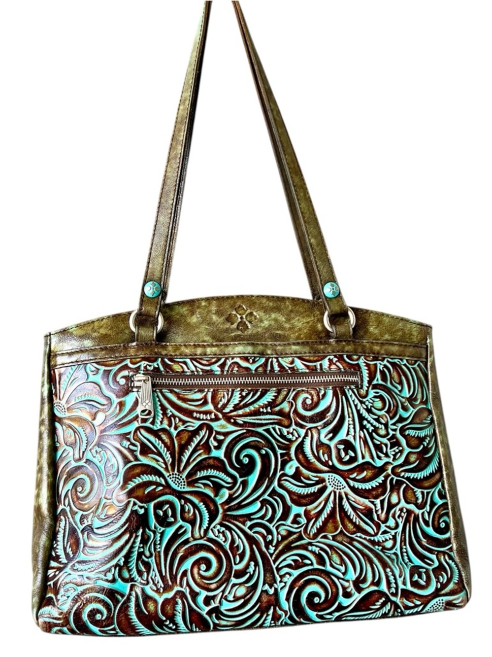 Patricia Nash Turquoise Tooled Leather Shoulder Purse Tote Bag MultiPocket